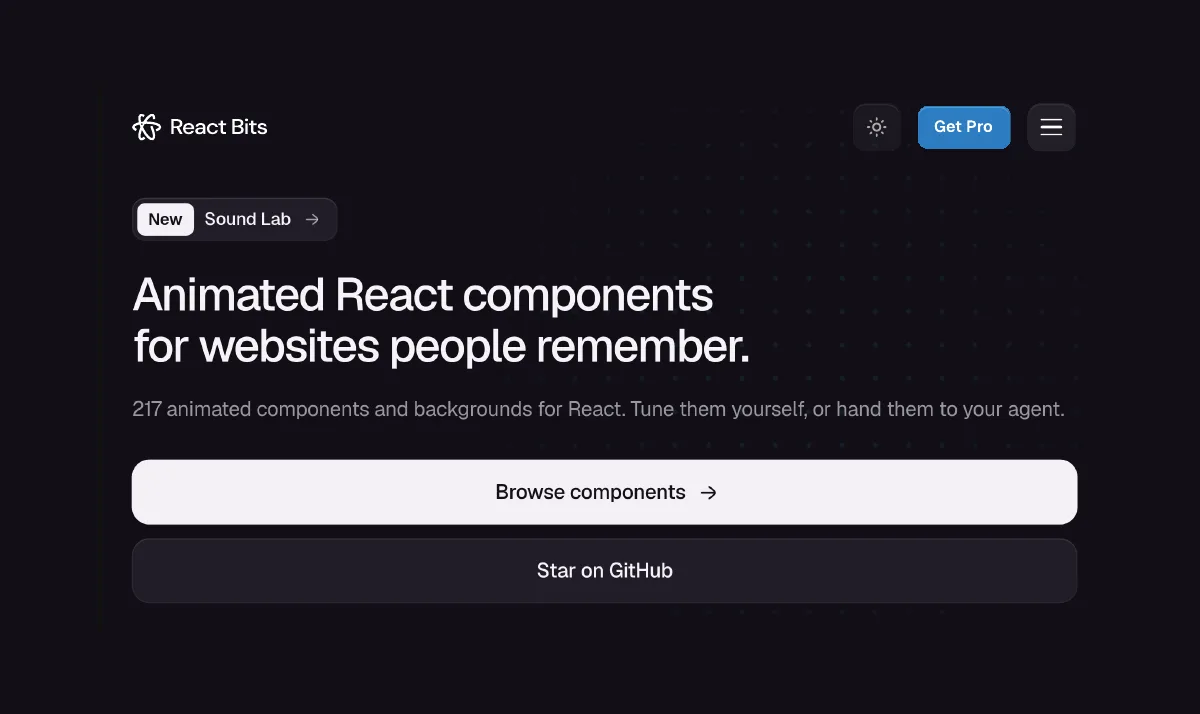 React Bits：215+ 个免费动效 React 组件与背景｜React 组件库 · PickUI